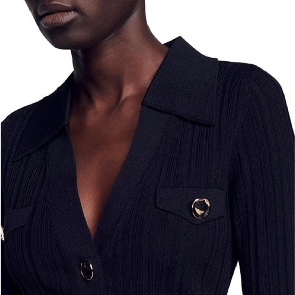 SANDRO Cropped Ribbed Pointelle Knit Cardigan Sweater Navy Blue Eyelet Gold HW 1 - Picture 2 of 12